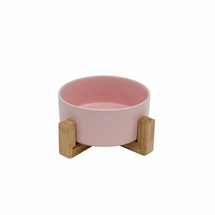 Ceramic Pet Bowl with Wooden Stand - Blush