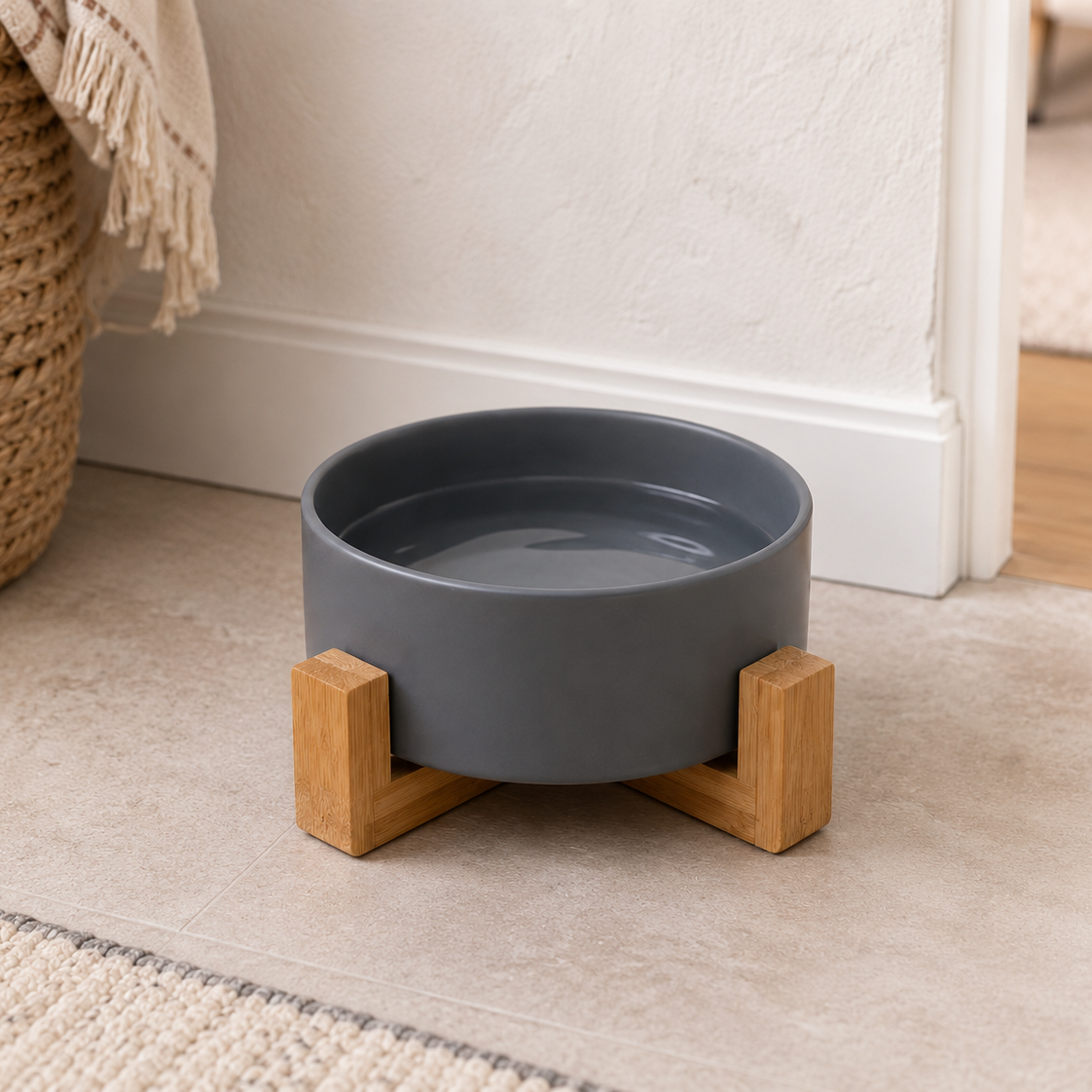 Ceramic Pet Bowl with Wooden Stand - Grey