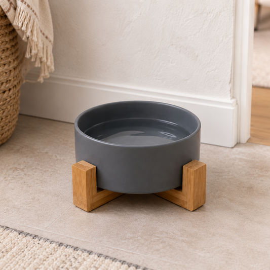 Ceramic Pet Bowl with Wooden Stand - Grey