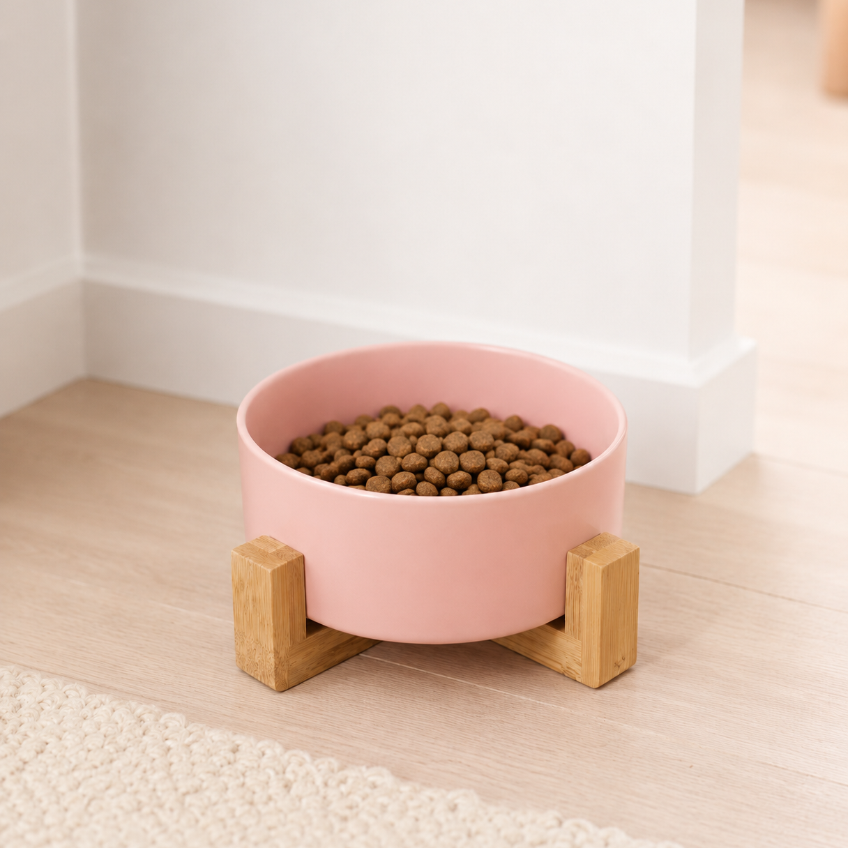 Ceramic Pet Bowl with Wooden Stand - Blush