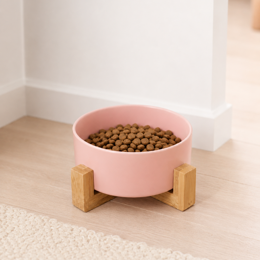 Ceramic Pet Bowl with Wooden Stand - Blush