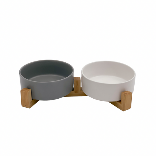 Ceramic Pet Bowl with Wooden Stand Double - Grey and White