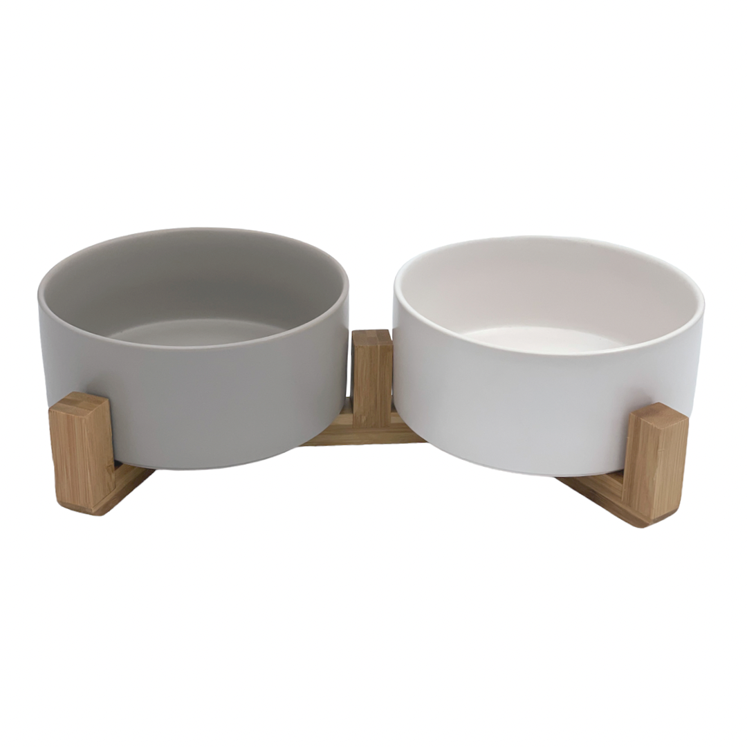 Ceramic Pet Bowl with Wooden Stand Double - Grey and White