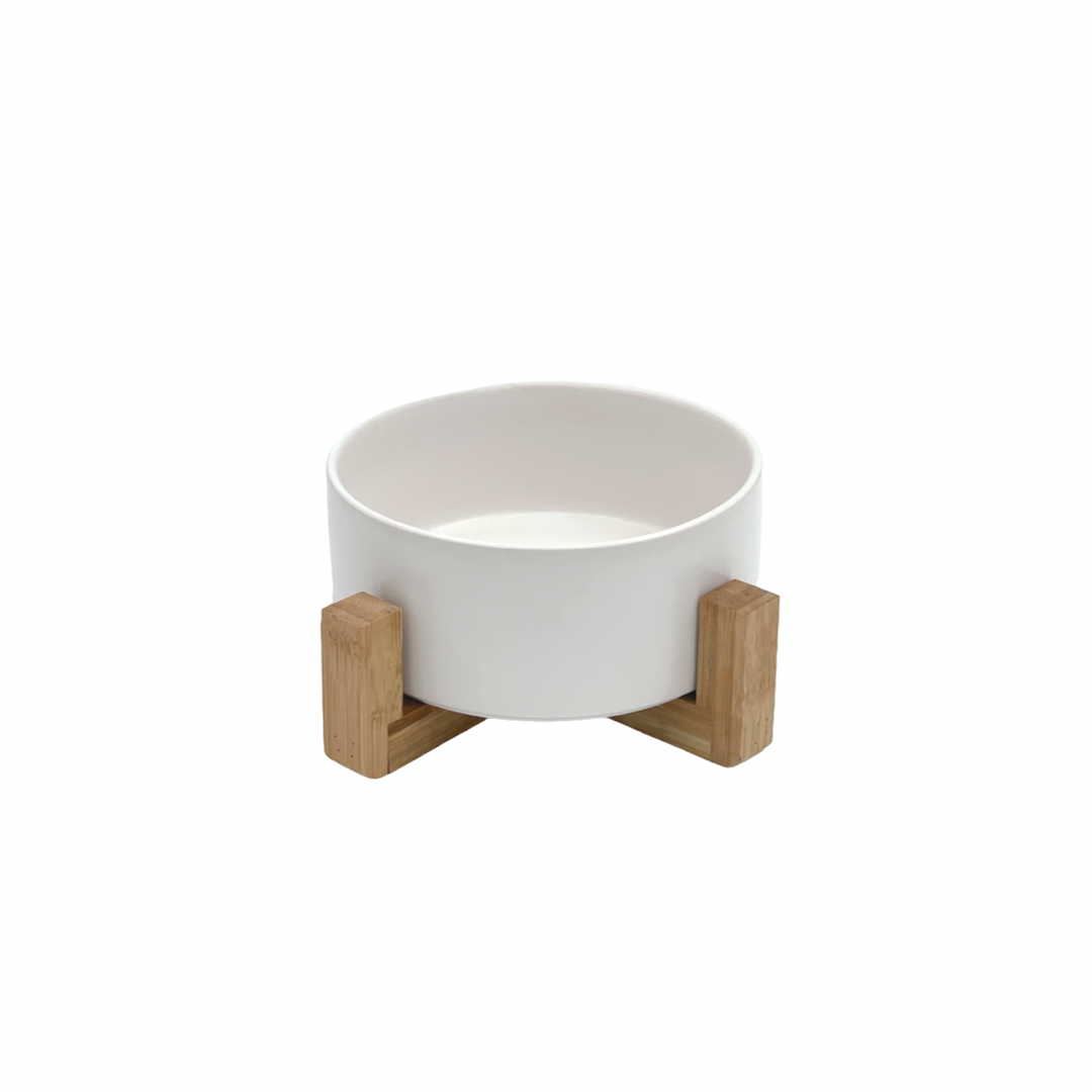 Ceramic Pet Bowl with Wooden Stand - White