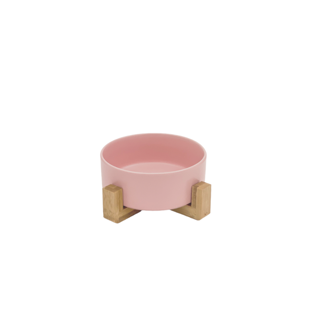 Ceramic Pet Bowl with Wooden Stand - Blush
