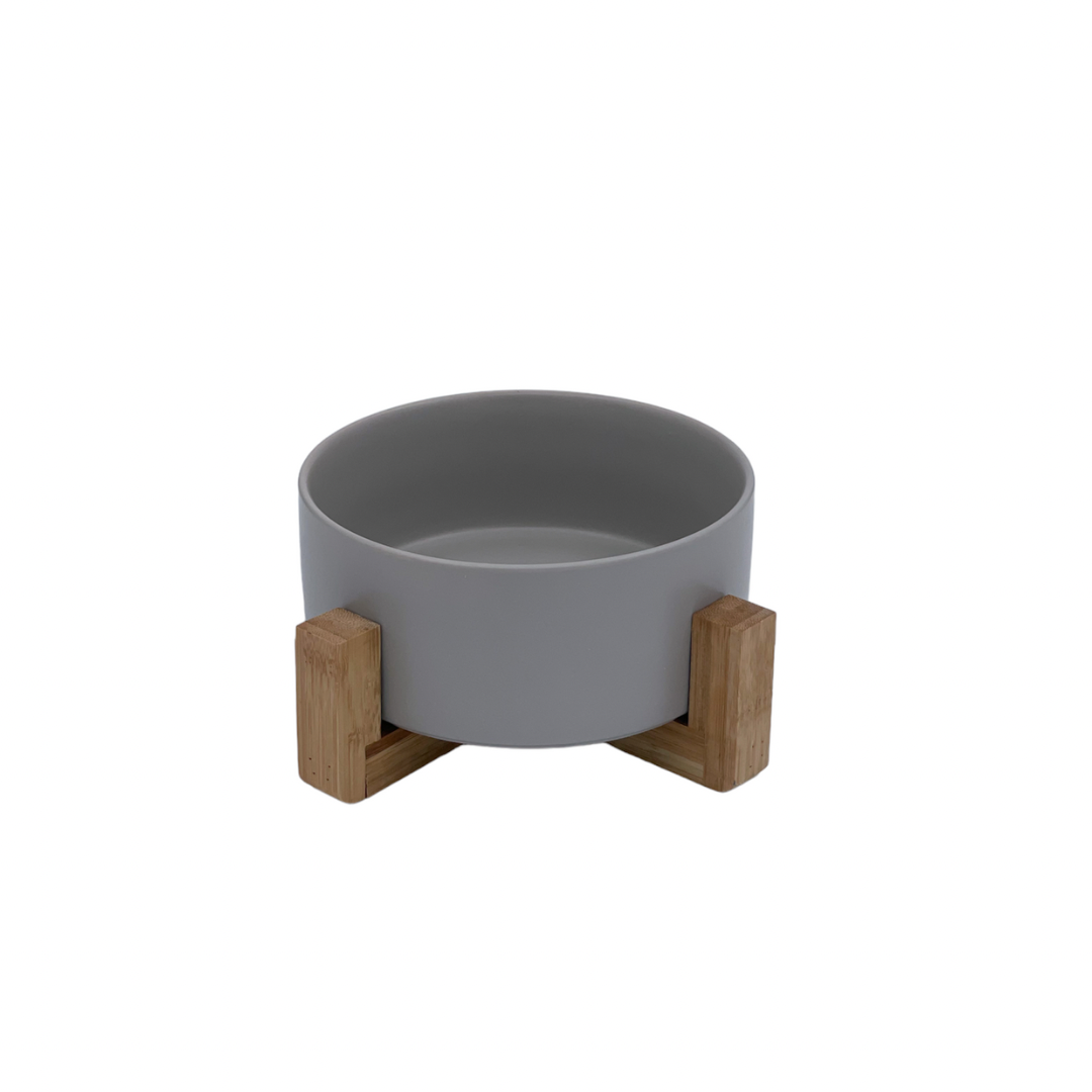 Ceramic Pet Bowl with Wooden Stand - Grey