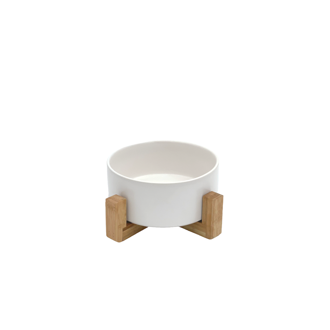 Ceramic Pet Bowl with Wooden Stand - White