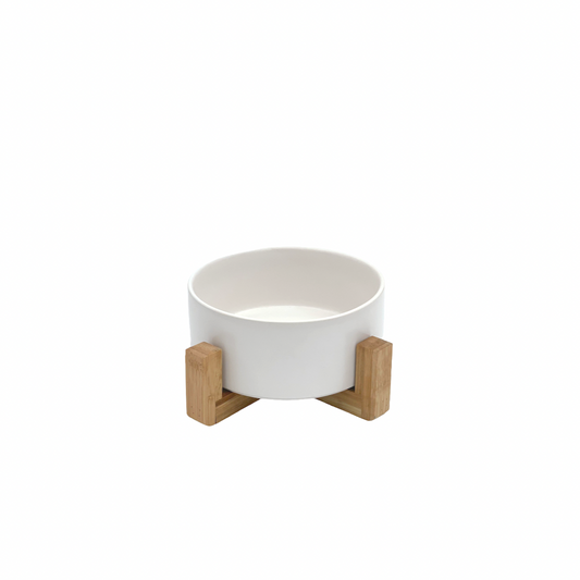 Ceramic Pet Bowl with Wooden Stand - White