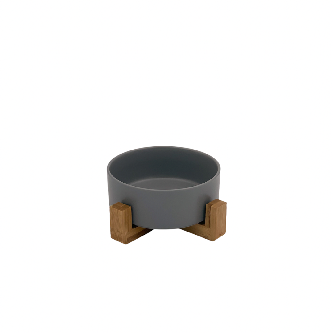 Ceramic Pet Bowl with Wooden Stand - Grey